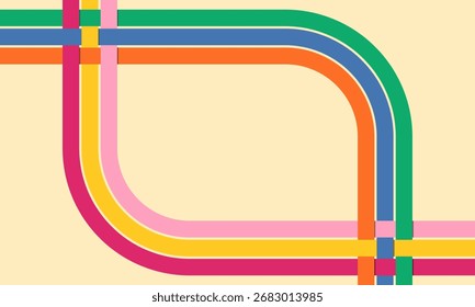 Fundo abstrato retrorinspirado com várias linhas paralelas coloridas, curvas e interseccionantes em uma superfície bege claro.