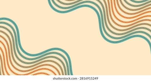 Retro-inspired abstract background featuring repeating wavy stripes with dotted accents in turquoise, orange and beige tones; a seamless vintage pattern evoking movement, rhythm and midcentury modern style.