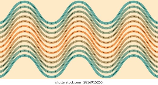 Retro-inspired abstract background featuring repeating wavy stripes with dotted accents in turquoise, orange and beige tones; a seamless vintage pattern evoking movement, rhythm and midcentury modern style.