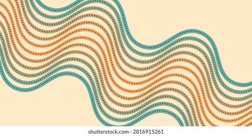 Retro-inspired abstract background featuring repeating wavy stripes with dotted accents in turquoise, orange and beige tones; a seamless vintage pattern evoking movement, rhythm and midcentury modern style.
