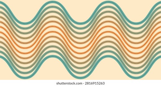 Retro-inspired abstract background featuring repeating wavy stripes with dotted accents in turquoise, orange and beige tones; a seamless vintage pattern evoking movement, rhythm and midcentury modern style.