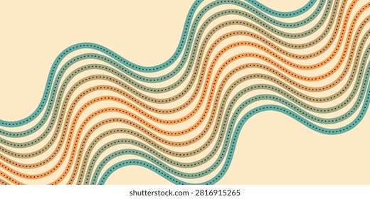 Retro-inspired abstract background featuring repeating wavy stripes with dotted accents in turquoise, orange and beige tones; a seamless vintage pattern evoking movement, rhythm and midcentury modern style.