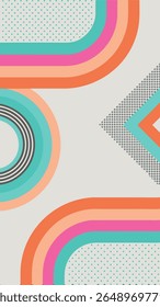 A retro-inspired abstract design featuring colorful curved stripes, polka dots, and geometric shapes in a palette of teal, coral, pink, and gray on a light background.