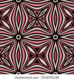 Retro-inspired abstract design with striped geometric elements and wavy red, pink, white, and black lines. Contemporary art deco. Seamless repeating pattern. Vector illustration.