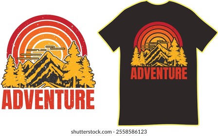 Retro-inspired Adventure T-shirt Design with Mountains and Forest vintage 