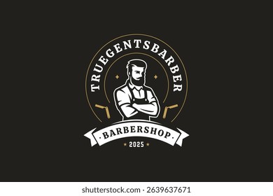 Retro-inspired barber shop logo featuring a professional male barber with a beard and mustache, surrounded by a circular emblem with text and stars. Vector illustration