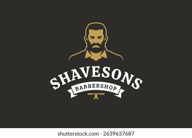 Retro-inspired barbershop logo featuring a male portrait, elegant typography, and grooming tools. Perfect for vintage-themed businesses. Vector illustration