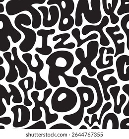 A retro-inspired black and white pattern featuring chunky bubble letters of the alphabet in a fun, abstract style. Perfect for backgrounds, posters, and creative designs.