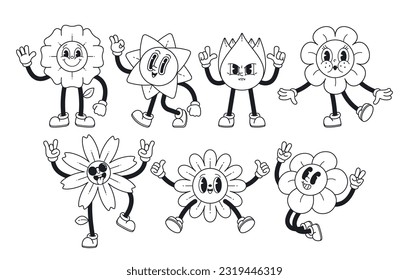 Retro-inspired Black And White Y2k Flower Characters, Blending Nostalgia With A Minimalist Aesthetic