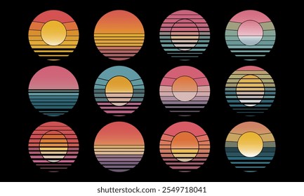 Retro-inspired circular nostalgic, vaporwave aesthetic vector illustration set