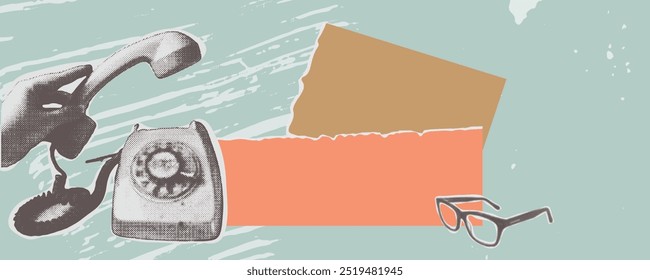 A retro-inspired collage features a vintage rotary phone, eyeglasses, and torn paper textures, creating a nostalgic, mid-century vibe. The muted pastel color palette evokes a minimalist yet artistic