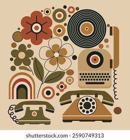 A retro-inspired composition featuring vintage telephones, a typewriter, a vinyl record, and floral elements in an earthy, nostalgic color palette.