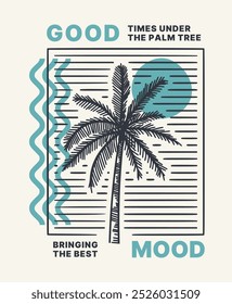 Retro-inspired design with a palm tree and flowing waves, evoking a good mood and uplifting energy.