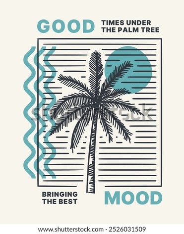 Retro-inspired design with a palm tree and flowing waves, evoking a good mood and uplifting energy.