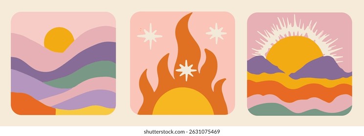 Retro-inspired flat vector landscapes with wavy shapes, bold sun and fire motifs, and warm, pastel colors. This minimal 70s-style artwork is trending in modern illustration and branding.