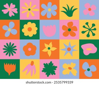 Retro-inspired floral grid with colorful, abstract flowers. Bold colors and playful shapes make it ideal for textiles, home decor, and graphic design projects with a fun, vintage touch.