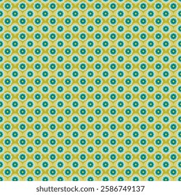 Retro-inspired floral pattern with bright blue and green flowers in a repetitive geometric arrangement. Perfect for vintage-style textiles, wallpaper, stationery, gift wrapping, and home decor.