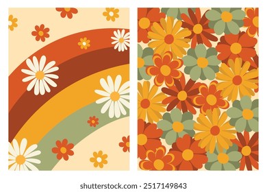 A retro-inspired floral pattern featuring daisies and a rainbow, designed in a vibrant color palette.