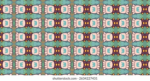 Patrón de peces geométricos de inspiración retro - Mezcla de color verde azulado y ciruela