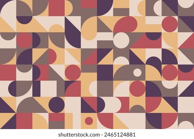 Retro-inspired geometric pattern with circles and squares in a warm palette of burgundy, mustard, and cream