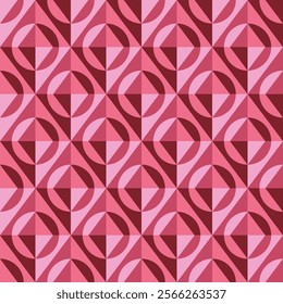 Retro-inspired geometric pattern with interlocking circles and squares in pink and red shades. Seamless design for wallpapers, fabrics, packaging, web backgrounds, or digital art projects.