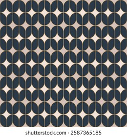 Retro-inspired geometric pattern with overlapping rounded shapes in navy and light beige. Thin gold lines outline each element. Luxury art deco repeating surface.