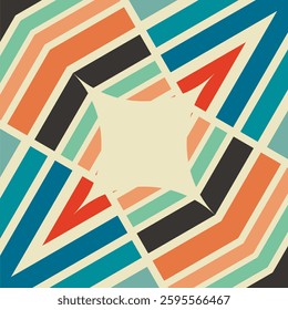 A retro-inspired geometric vector background featuring angular, layered square patterns in bold, warm, and cool tones with a vintage color palette.
