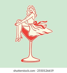 Ein retro-inspiriertes Mädchen elegant sitzt in einem Cocktailglas, verströmt Charme und Vintage-Stimmung.