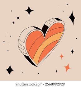 Retro-inspired heart design with bold orange and yellow stripes, thick black outline, whimsical stars, and a light beige background. Vibrant 1970s aesthetic perfect for vintage-themed projects