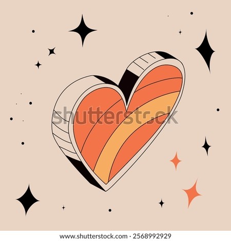 Retro-inspired heart design with bold orange and yellow stripes, thick black outline, whimsical stars, and a light beige background. Vibrant 1970s aesthetic perfect for vintage-themed projects