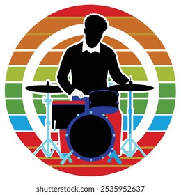 Retro-inspired illustration featuring the silhouette of a dad playing drums against a vintage-style background