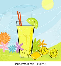 Retro-inspired Lemonade with pitcher and summer flowers. Each item is grouped so you can use them independently from the background. Layered file for easy edit.