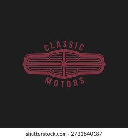Um logotipo inspirado no estilo retrô com um emblema estilizado de grelha de carro clássico com texto "CLASSIC MOTORS", perfeito para empresas automotivas vintage, garagens ou entusiastas de carros.
