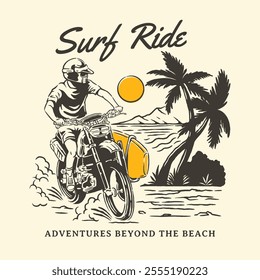 Retro-inspired logo and poster featuring a motorcyclist riding along a tropical beach with a surfboard, palm trees, a setting sun, and a coastal landscape