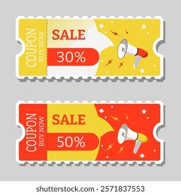 Retro-inspired megaphone sale coupon. Ticket with the inscription buy now with different discounts. Vector illustration. Set of coupons. 