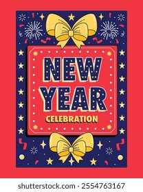 Retro-inspired Memphis style New Year celebration poster featuring bold typography, golden bows, and festive elements. Perfect for greeting cards, invitations, or seasonal decorations.