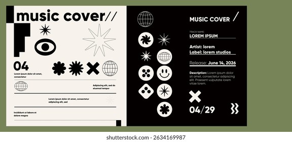 Retro-inspired music cover template with playful symbols and icons, sharp contrast layout, and strong typographic hierarchy in a dual-color panel.