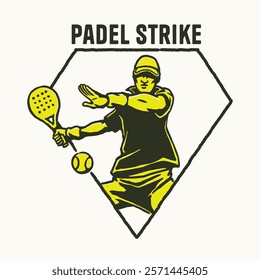 A retro-inspired padel club logo in a diamond-shaped frame featuring a dynamic male player, designed for club branding, merchandise, or sports events.