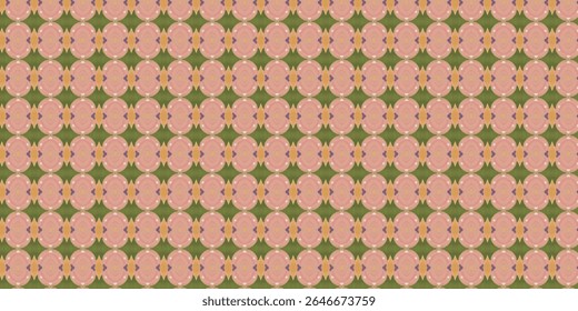 A retro-inspired pattern featuring pink circular motifs with orange and purple highlights, set against a green background. Great for artistic or creative uses.