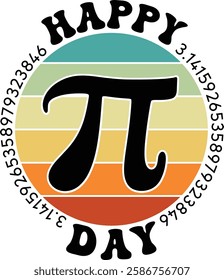 Retro-inspired Pi Day design featuring the Pi symbol on a striped circle background, ideal for t-shirts and mugs.