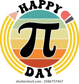 Retro-inspired Pi Day design featuring the Pi symbol on a striped circle background, ideal for t-shirts and mugs.