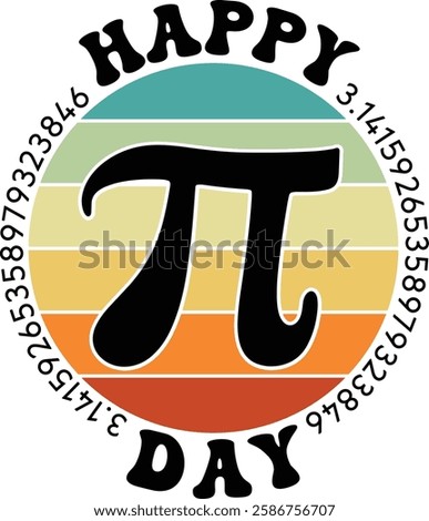 Retro-inspired Pi Day design featuring the Pi symbol on a striped circle background, ideal for t-shirts and mugs.