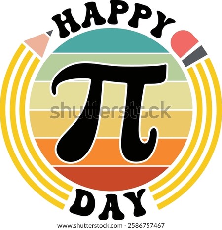 Retro-inspired Pi Day design featuring the Pi symbol on a striped circle background, ideal for t-shirts and mugs.