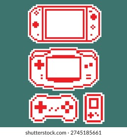 A retro-inspired pixel art vector illustration featuring a classic game console concept. Designed with a nostalgic 8-bit aesthetic, this pixelated asset highlights bold geometric shapes, limited color palette, and clean vector lines. Perfect for gaming themes, tech branding, digital nostalgia projects, UI elements, stickers, posters, and merchandise design.