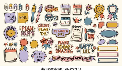 Retro-inspired planner sticker sheet collection. Includes hand-drawn stationery icons like washi tape, paper clips, and calendars with motivational quotes. Vibrant Y2K aesthetic features halftone textures, bold outlines, and a vintage pastel palette.