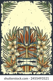 Retro-inspired poster features a stylized tiki mask surrounded by tropical flora, with a nod to surfing culture, perfect for beach-themed decor or as a collector's print. Text space.