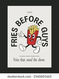 Retro-inspired poster featuring a cheerful fries mascot with bold typography, perfect for fast food branding and restaurant promotions.