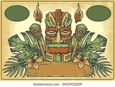 Retro-inspired poster featuring a colorful tiki mask at the center, surrounded by tropical leaves and surf elements, evoking a nostalgic beach and surfing theme on a textured background. Text space.