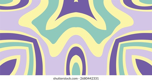 A retro-inspired psychedelic pattern featuring a symmetrical arrangement of flowing wavy shapes in pastel hues like lavender yellow and mint green.