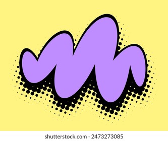 A retro-inspired purple wavy shape with a bold black outline and dotted shadow effect, pops against a yellow background, offering a striking and playful pop art piece.